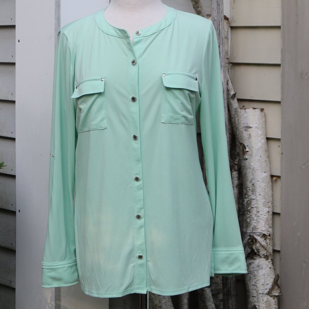 Dana Buchman Mint Green Jersey Knit Collarless Flap Pocket Roll Tab Sleeve Top L